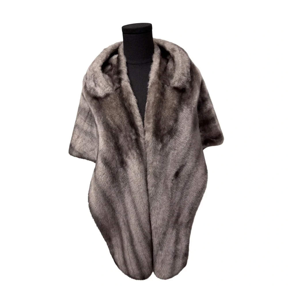 Vintage Regina Glenara by Glenoit Faux Fur Stole Grey Striped Wrap Made in USA